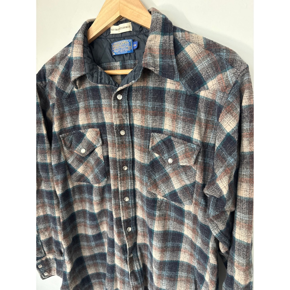 Pendleton High Grade Western Wear Wool Plaid Pearl Snap Shirt XL Long Blue Brown
